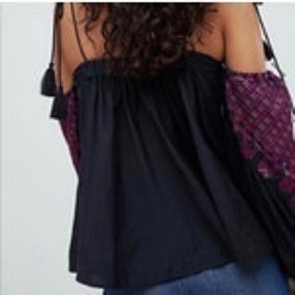 Free People Women’s Small Black Purple Vacay Vibin’ Embroidered Shoulder Top - Picture 2 of 8